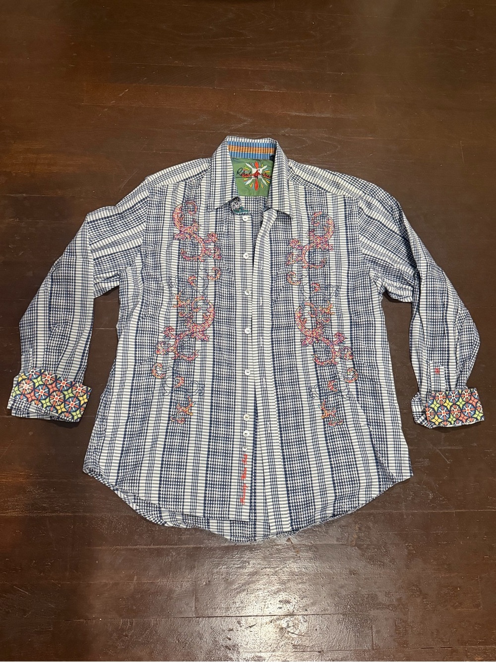 Robert Graham Blue Plaid Button-Down with Pink Embroidery